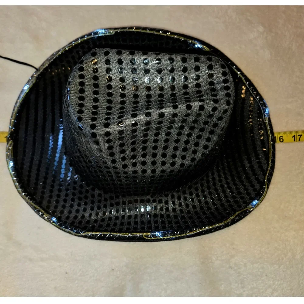 O/S Shiny Sequin Light Up Cowboy Black Hat Set/4